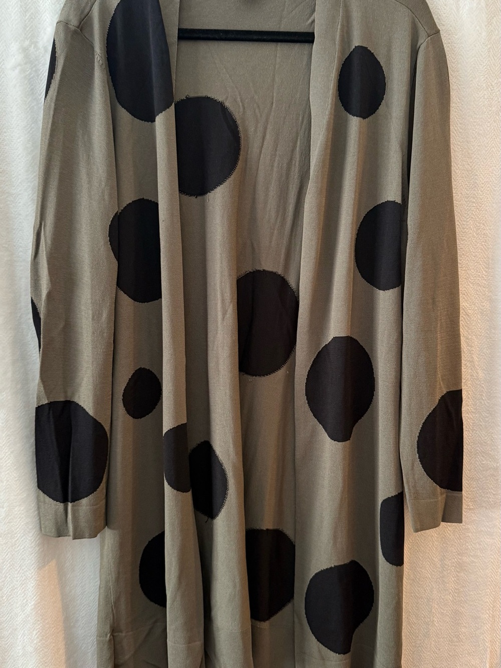 Chico's Olive Green Open-Front Cardigan with Black Polka Dots